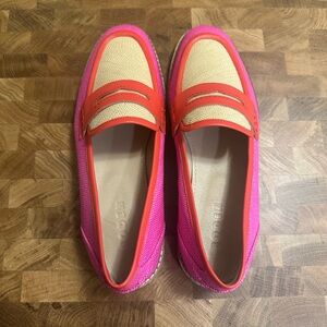 Boden Pink & Red Canvas Penny Loafers with Tan Insets